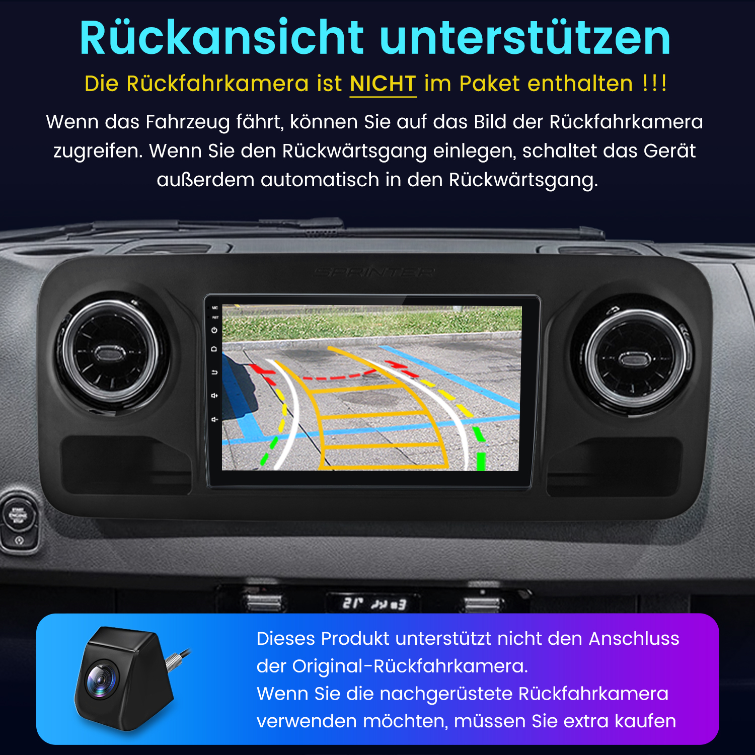 Armaturenbrett mit Bildschirm, der eine Parkansicht zeigt. Enthält deutschen Text über die Rückfahrkamera und ihre Funktionen.