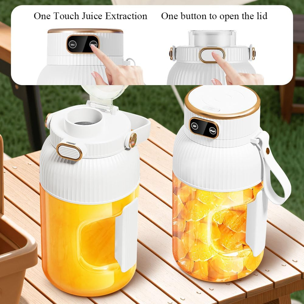 Entsafter mit Orangensaft und Orangen. Weißes und goldenes Design, One-Touch-Extraktion und Deckelöffnung.