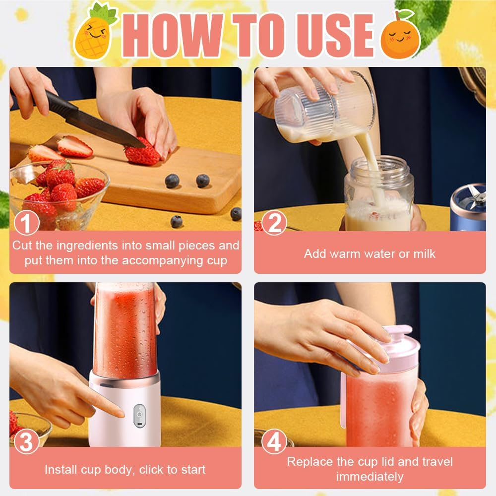 Eine vierstufige Anleitung zur Verwendung eines Mixers. Enthält das Schneiden von Früchten, das Hinzufügen von Milch, das Zusammenbauen des Mixers und das Aufsetzen des Deckels.