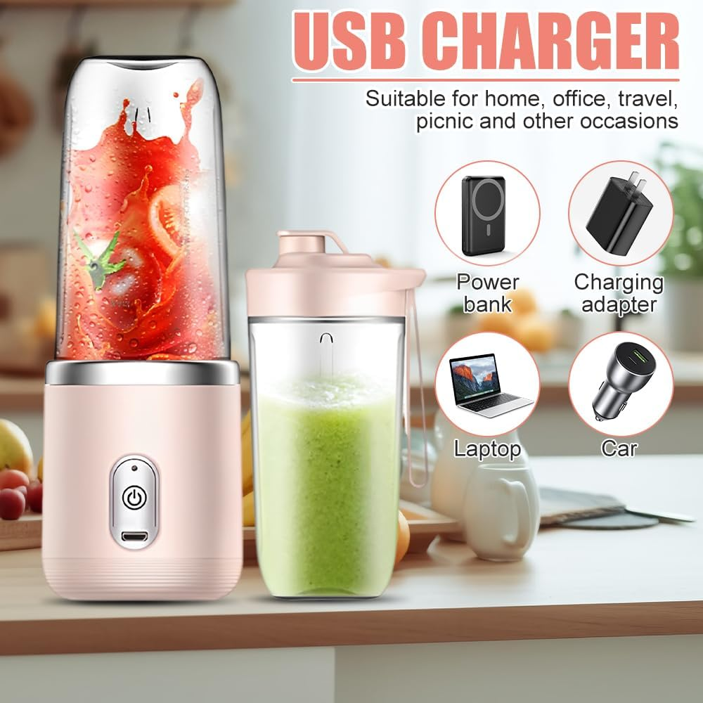Ein rosa USB-Ladegerät mit zwei Mixern, einem mit roter Flüssigkeit und einem mit grüner Flüssigkeit, sowie Ladezubehör.