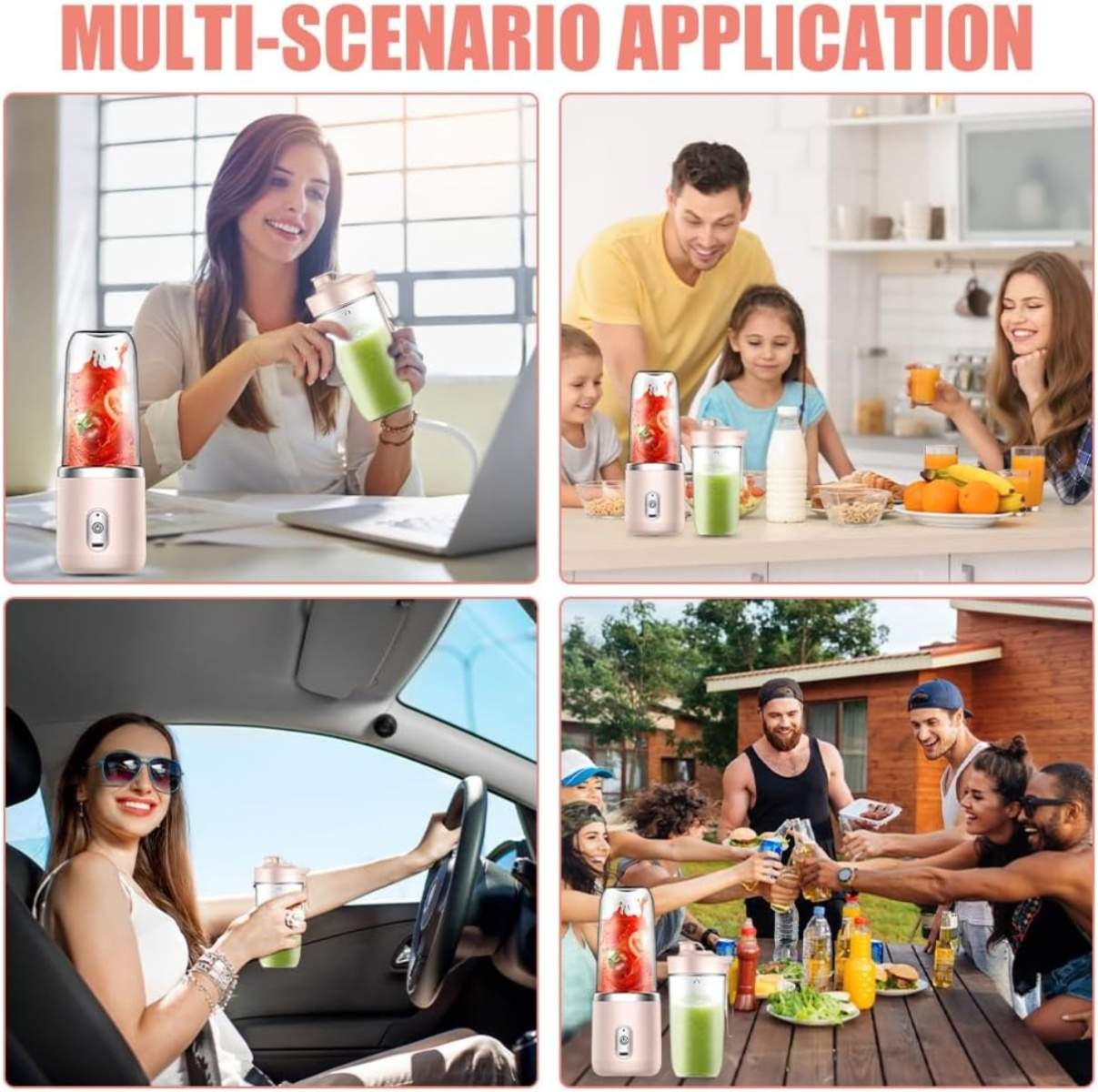 Das Bild zeigt einen Mixer, der in verschiedenen Umgebungen verwendet wird: am Schreibtisch, mit einer Familie, im Auto und auf einer Party.