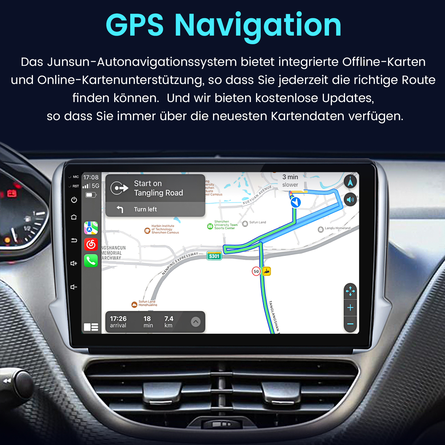 Auto-Navigationssystem mit Karten und Routenführung. Der Bildschirm zeigt Anweisungen und aktuelle Standortdetails.