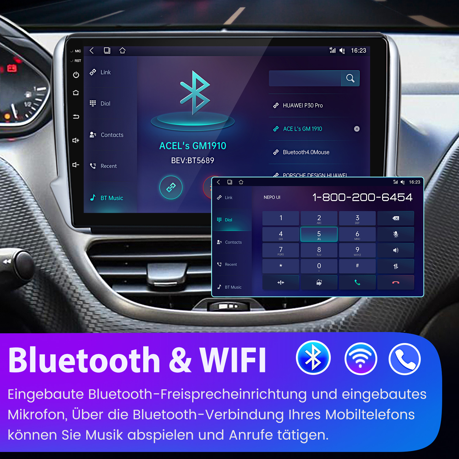 Auto-Armaturenbrett mit Touchscreen, der Telefonfunktionen, Bluetooth- und WLAN-Symbole sowie eine Wähltastatur anzeigt.