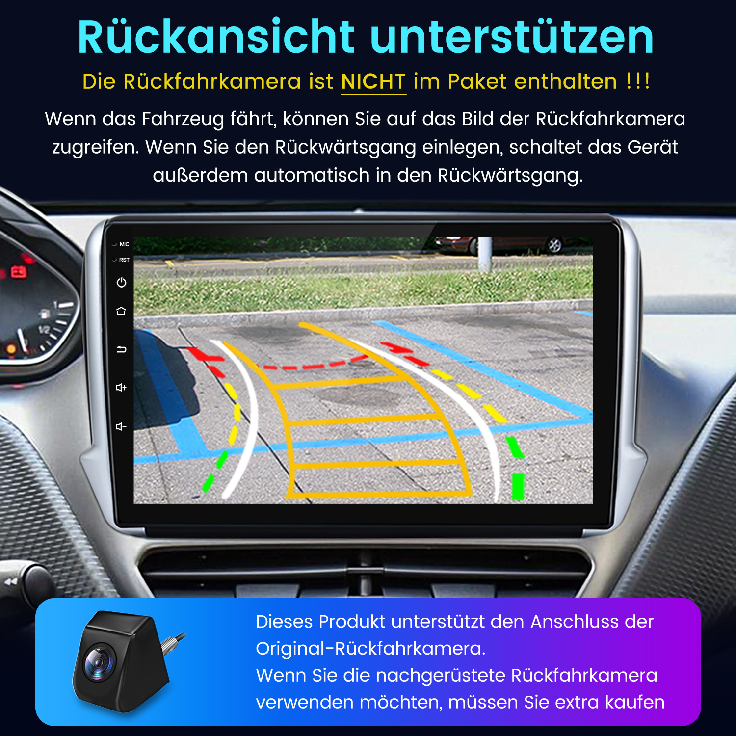 Das Armaturenbrett eines Autos zeigt einen Bildschirm mit einer Parkassistentenansicht. Ein Kamerasymbol befindet sich in der Ecke, und Text auf Deutsch.