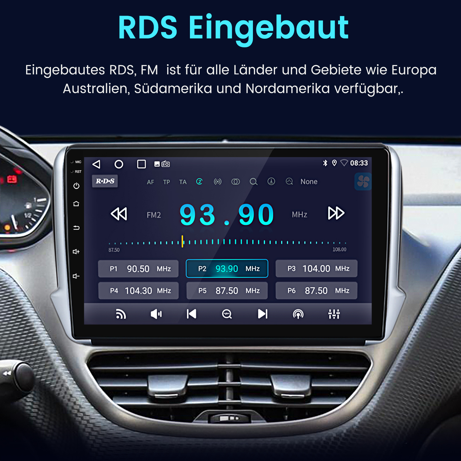 Autoradio-Bildschirm zeigt FM-Frequenz 93,90 MHz. Text oben: RDS Eingebaut. Darunter, Auto-Innenraum mit Lüftungsschlitzen.