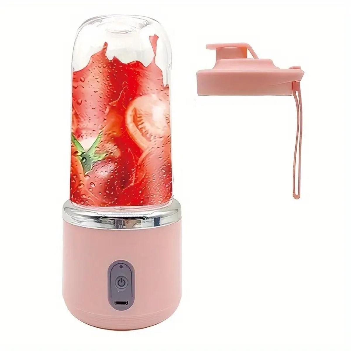 Ein rosa Mixer mit einem Glasbehälter voller roter Früchte. Ein abgetrennter rosa Deckel befindet sich rechts. Weißer Hintergrund.