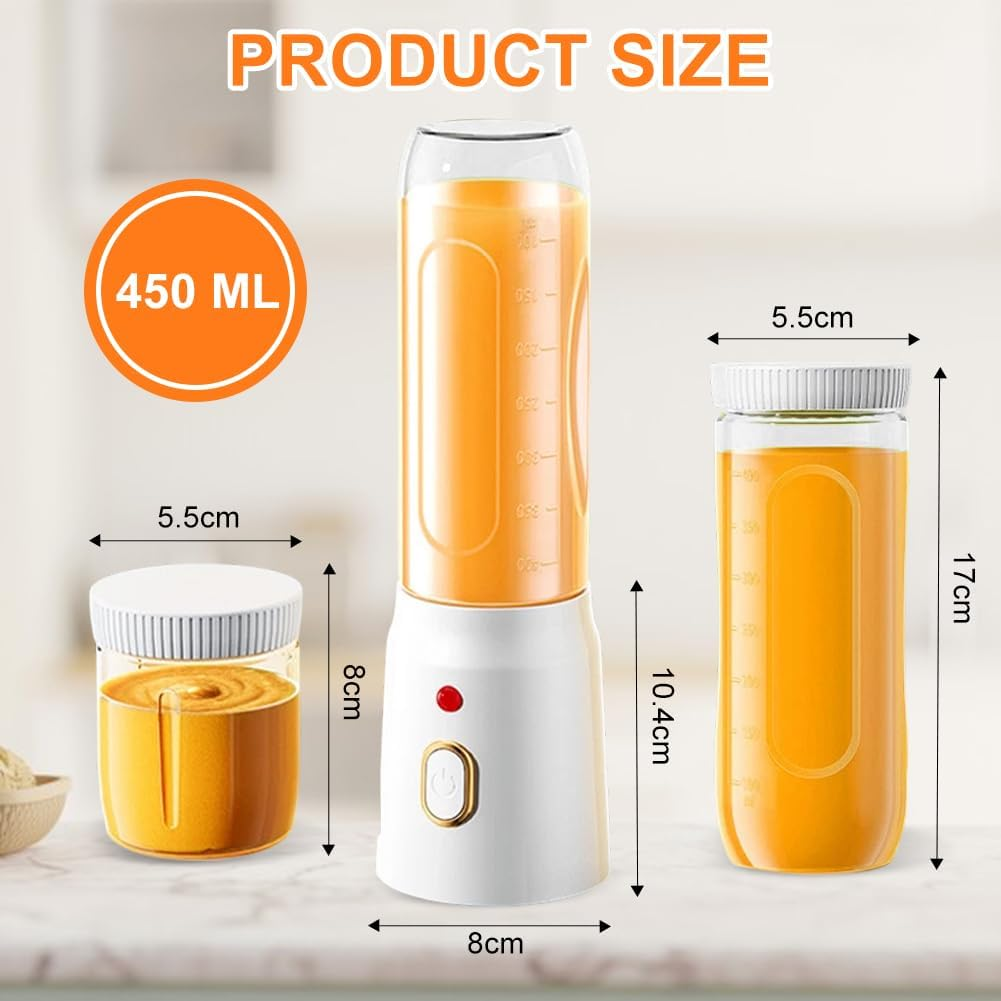 Das Bild zeigt einen Produktgrößenvergleich eines Mixers mit einem 450-ml-Kreislabel und zwei Gläsern mit Saft und Abmessungen.