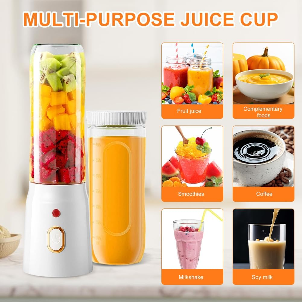 Ein weißer Mehrzweck-Saftbecher mit Früchten im Inneren und Anwendungsbeispiele: Fruchtsaft, Smoothies, Kaffee, Milchshake und Sojamilch.