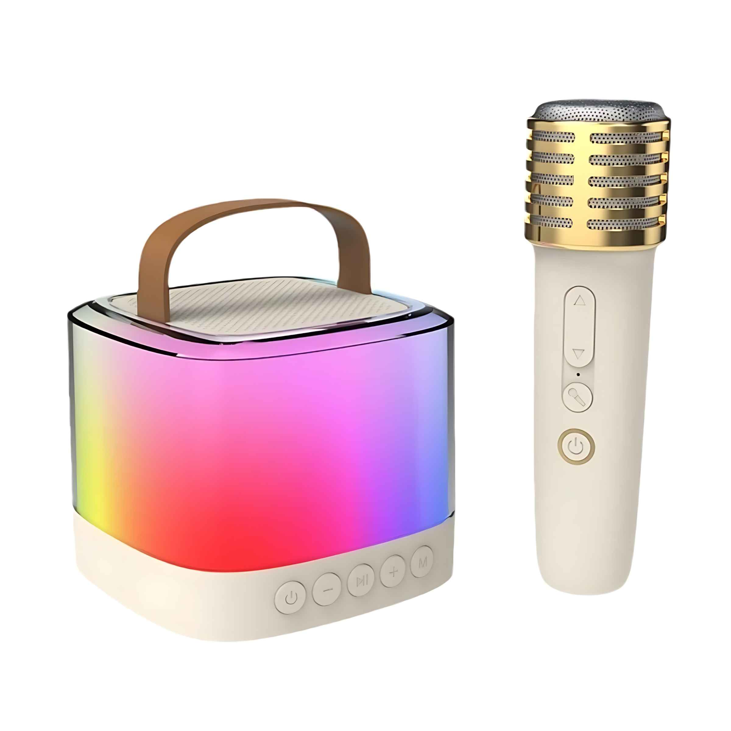 Ein Lautsprecher mit Regenbogenlicht und ein Mikrofon. Der Lautsprecher hat Knöpfe, einen Griff und das Mikrofon ein goldfarbenes Oberteil.