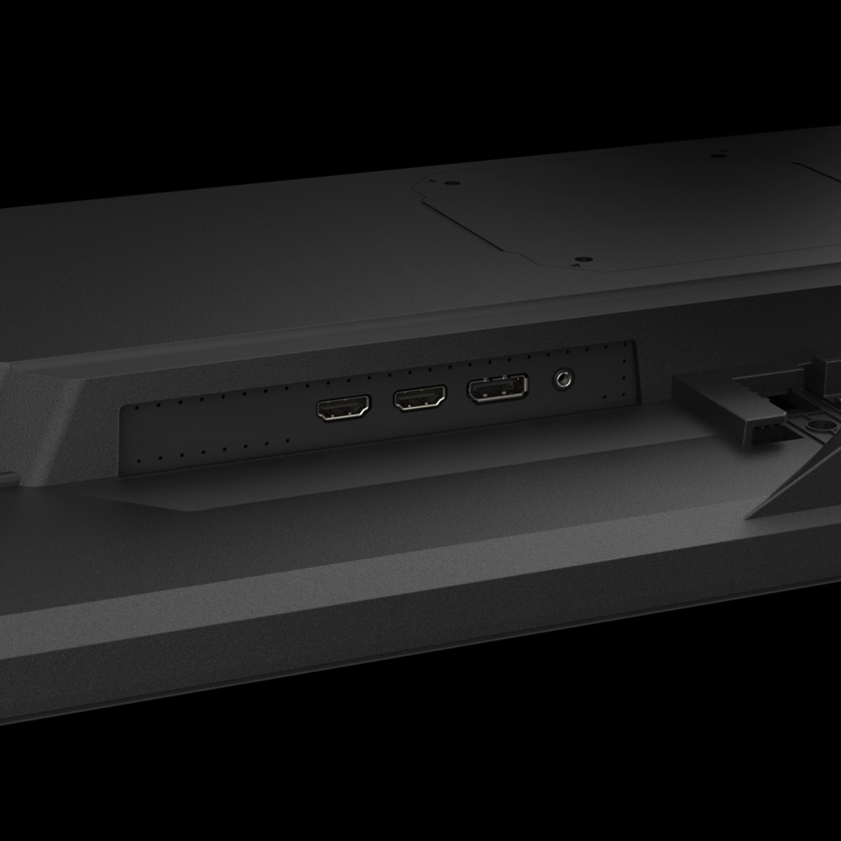 Tył czarnego monitora z portami HDMI i gniazdem słuchawkowym. Monitor jest na ciemnym tle.
