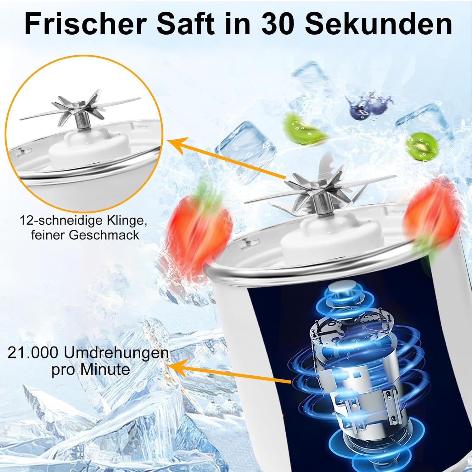 Das Bild zeigt einen Mixer mit Obst und Eis, der Text lautet 'Frischer Saft in 30 Sekunden'. Details heben Klingen und Geschwindigkeit hervor.