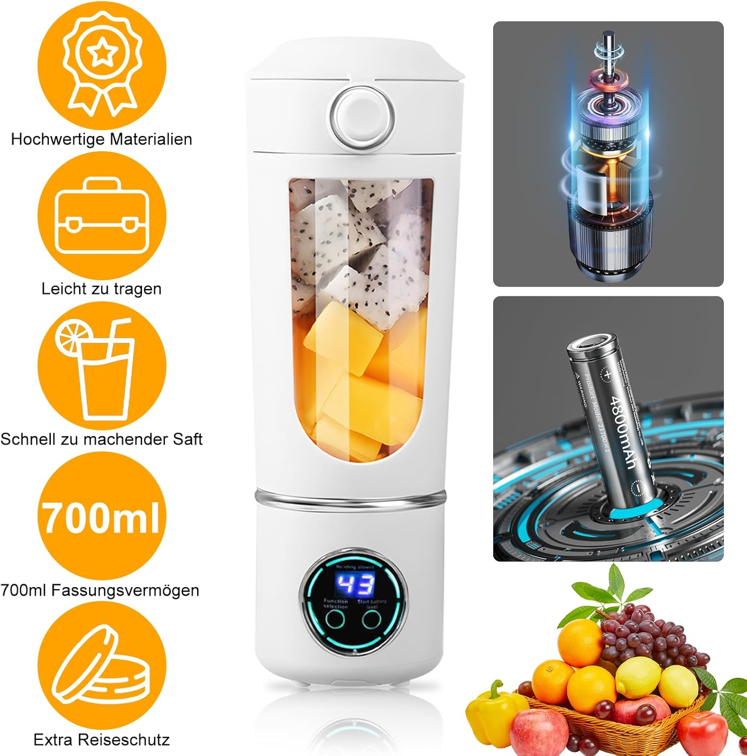 Ein weißer Mixer mit Früchten im Inneren und ein Obstkorb darunter. Details zum Mixer zeigen Batterie- und Motorkomponenten.