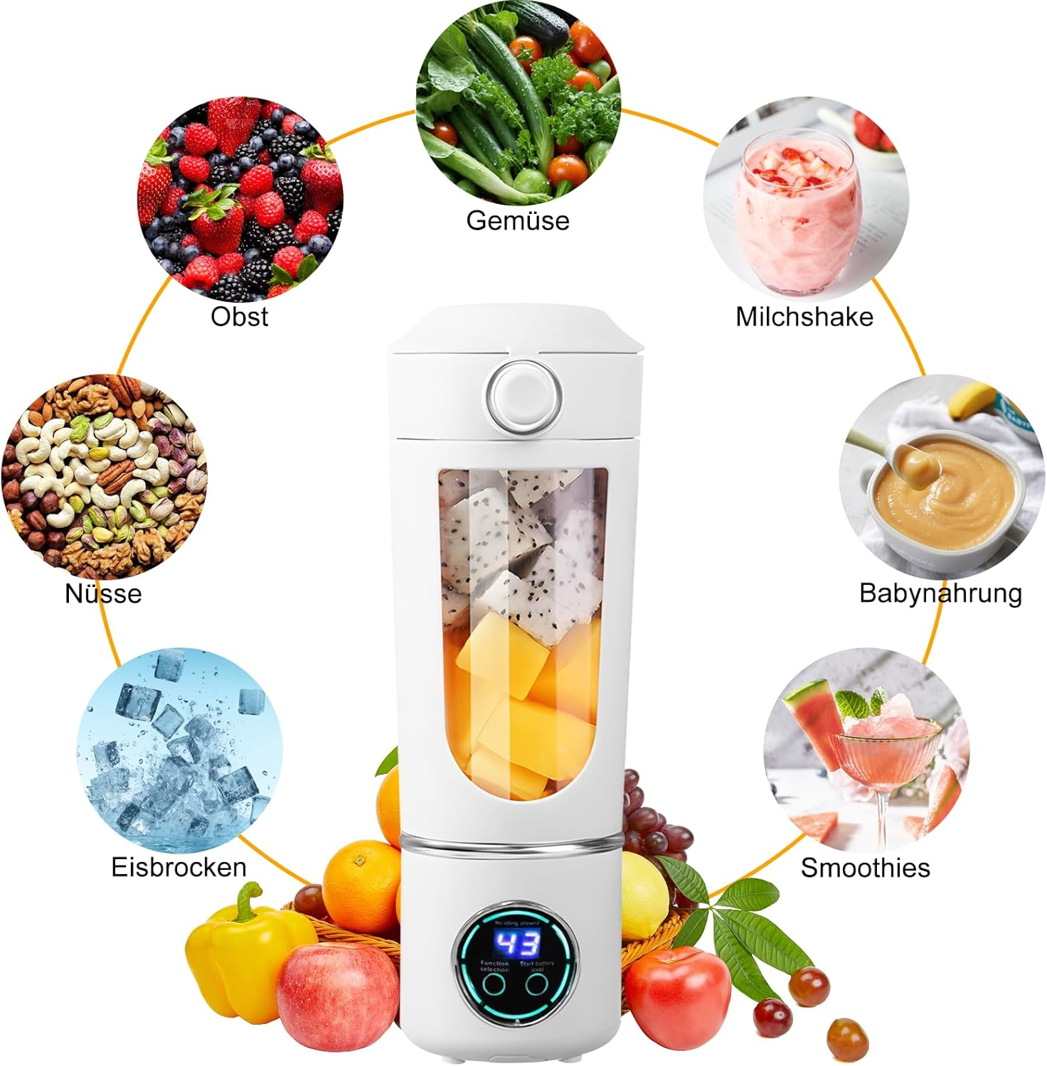 Ein weißer Mixer, umgeben von Früchten, Gemüse, Nüssen, Eis und Getränken wie Smoothies und Milchshakes, was seine Vielseitigkeit zeigt.
