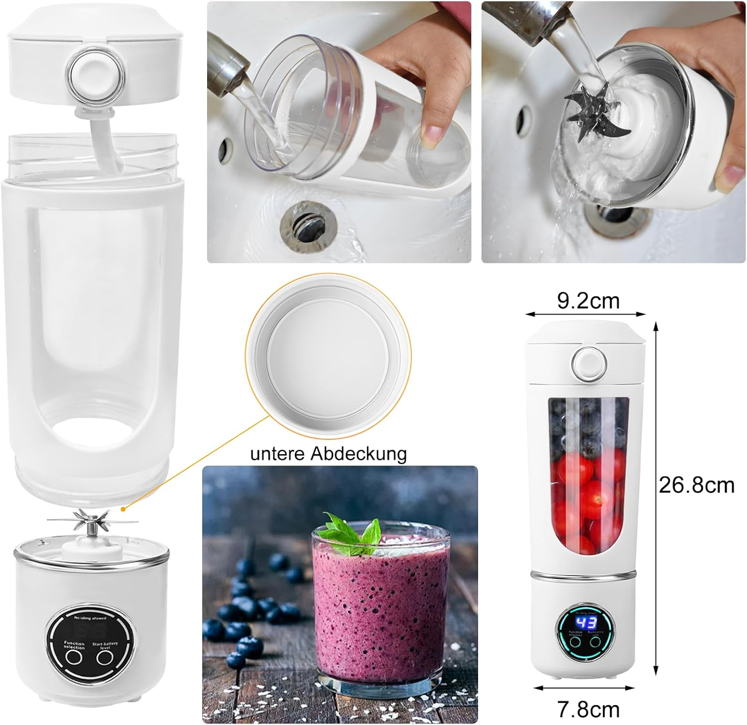 Ein weißer tragbarer Mixer zerlegt. Es zeigt, wie Wasser den Behälter füllt, reinigt und einen Smoothie in einem Glas mit Blaubeeren.