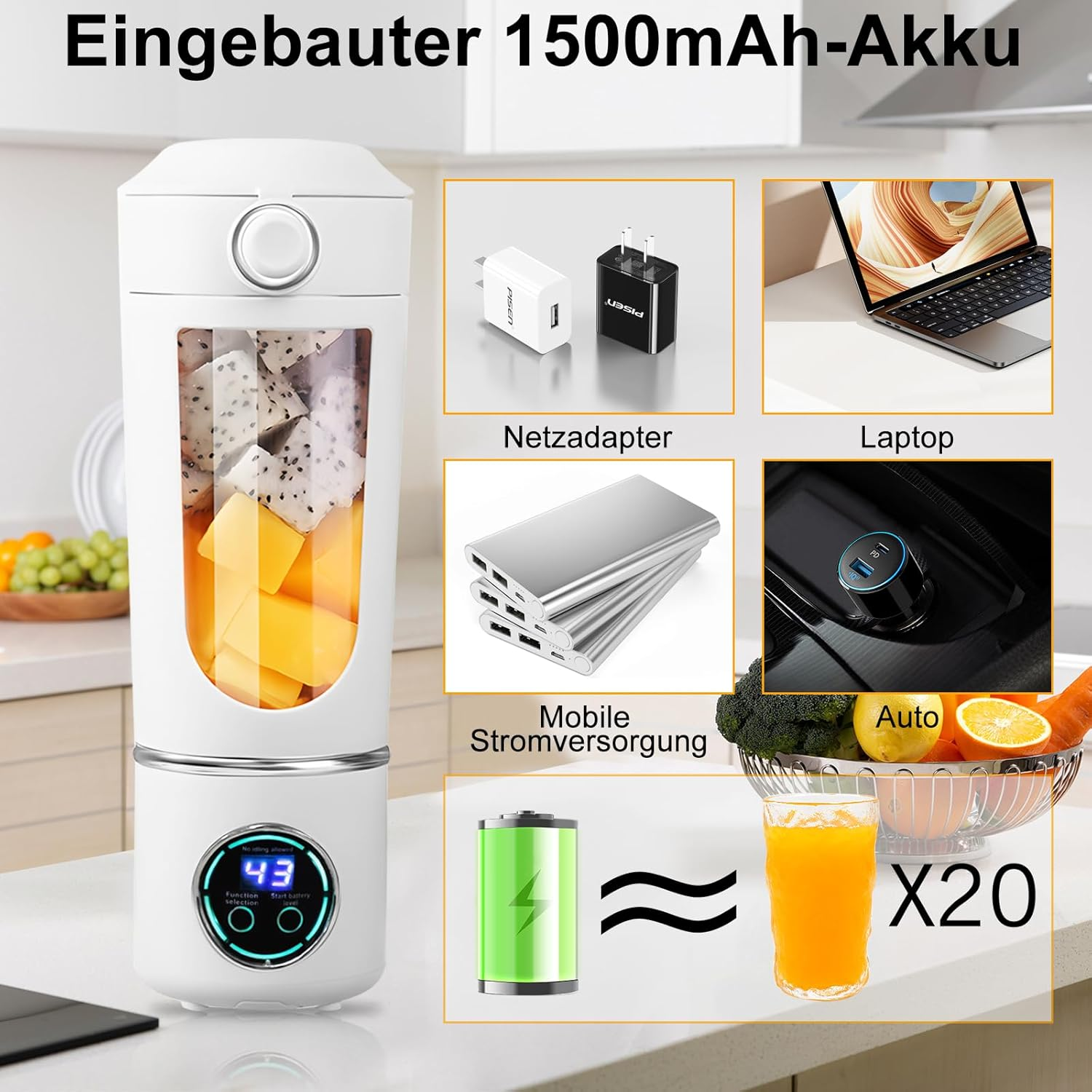 Ein weißer Mixer mit Früchten, Ladegerät, Laptop, Powerbank, Autoladegerät, Saft und Batterie. Text: Eingebauter 1500mAh-Akku.