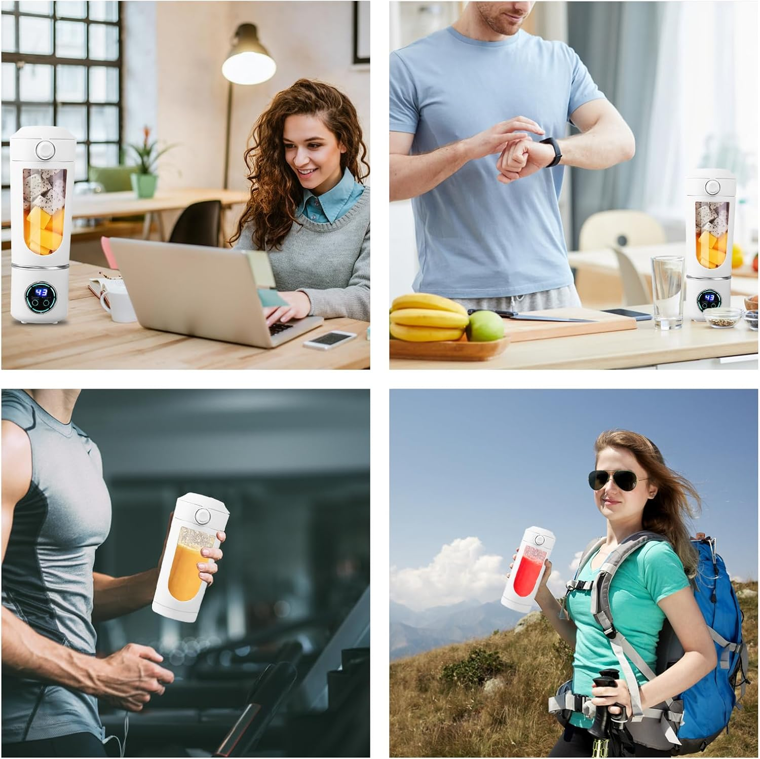 Vier Bilder zeigen Personen mit einem Mixer. Szenen umfassen eine Frau, die einen Laptop benutzt, einen Mann, der auf seine Uhr schaut, einen Mann auf einem Laufband und eine wandernde Frau.
