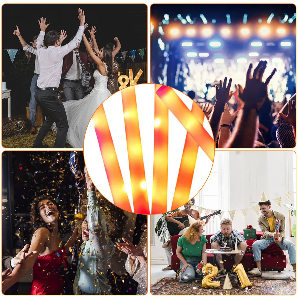 Eine Collage von Partyszenen: Menschen tanzen, feiern mit Konfetti, bei einem Konzert und eine Geburtstagsfeier mit Dekorationen.
