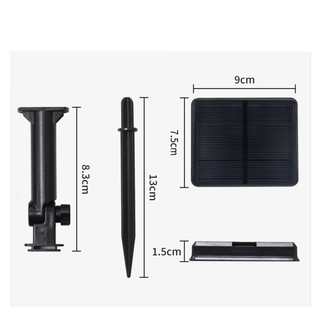 Schwarze Solarmodulkomponenten: Halterung, Pfahl, Panel und Sockel. Abmessungen sind beschriftet. Das Panel ist 9x7,5 cm, der Pfahl 13 cm und die Basis 1,5 cm.