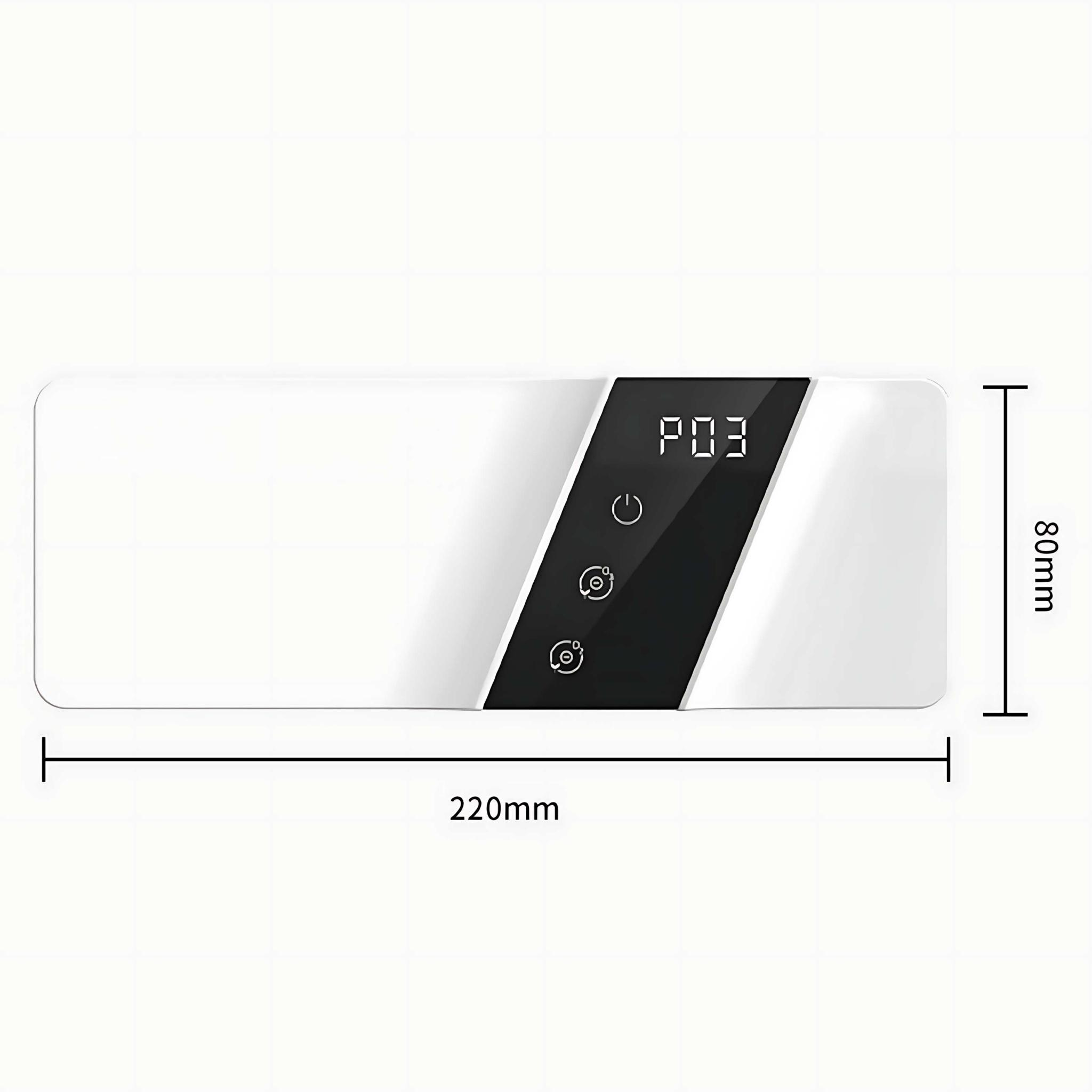 Weißes rechteckiges Gerät mit schwarzem, abgewinkeltem Panel mit 'P03', Strom- und Einstellungssymbolen. Abmessungen angezeigt.