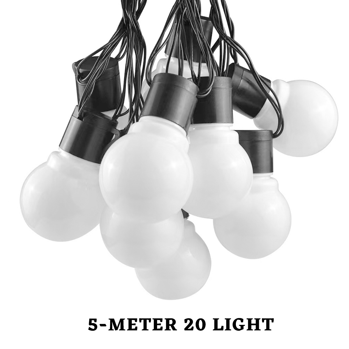Lichterkette mit weißen Kugellampen, schwarzen Fassungen und Kabeln. Text: '5-METER 20 LIGHT' unten. Weißer Hintergrund.
