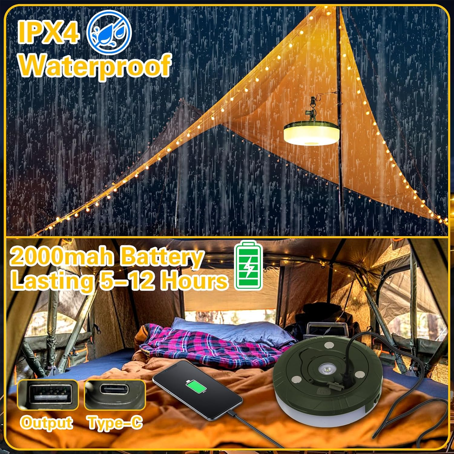 Eine Camping-Szene zeigt ein Zelt mit Lichtern, einer Lampe und einem ladenden Telefon. Text weist auf Wasserdichtigkeit, 2000mAh Akku und 5-12 Stunden Laufzeit hin.