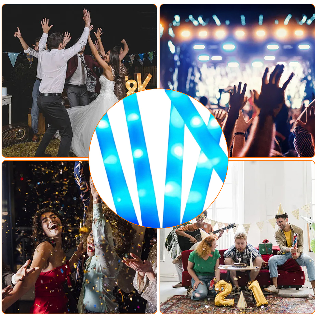 Collage von Partyszenen: Hochzeit, Konzert, Konfetti und Geburtstag. Zentraler Fokus auf blau leuchtenden Röhren. Menschen feiern.