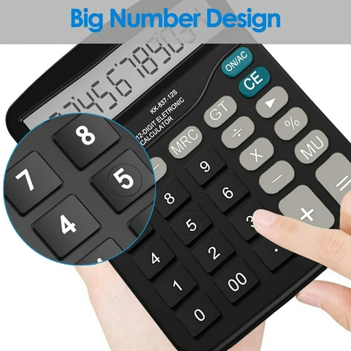 Ein schwarzer Taschenrechner mit großen Ziffern und eine Hand, die die Zahl 3 drückt. Das Display zeigt eine Zahl. Die Überschrift lautet Big Number Design.