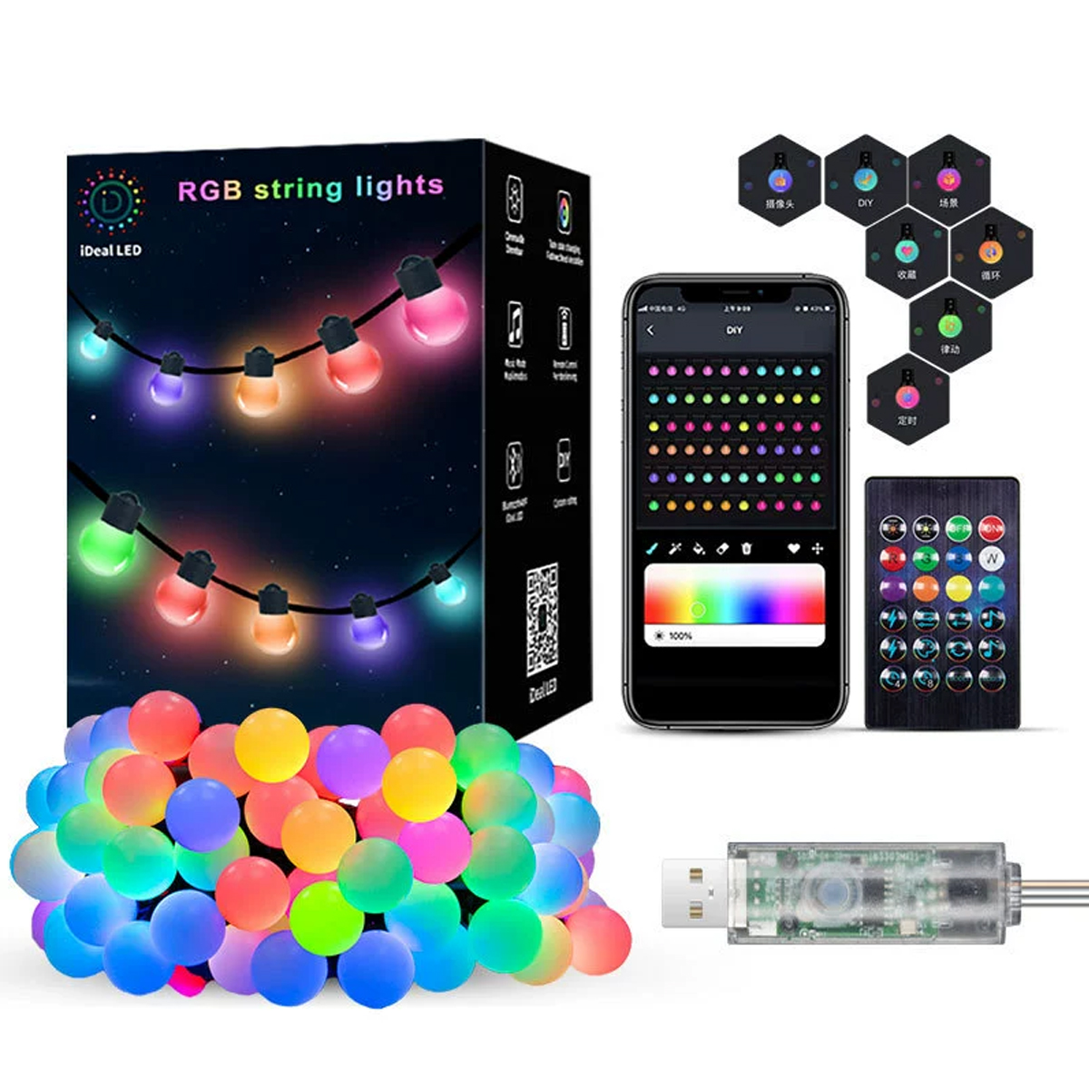 Produktbild: RGB-Lichterketten mit Zubehör. Enthält eine Box, ein Telefon, eine Fernbedienung und einen Haufen bunter Glühbirnen.