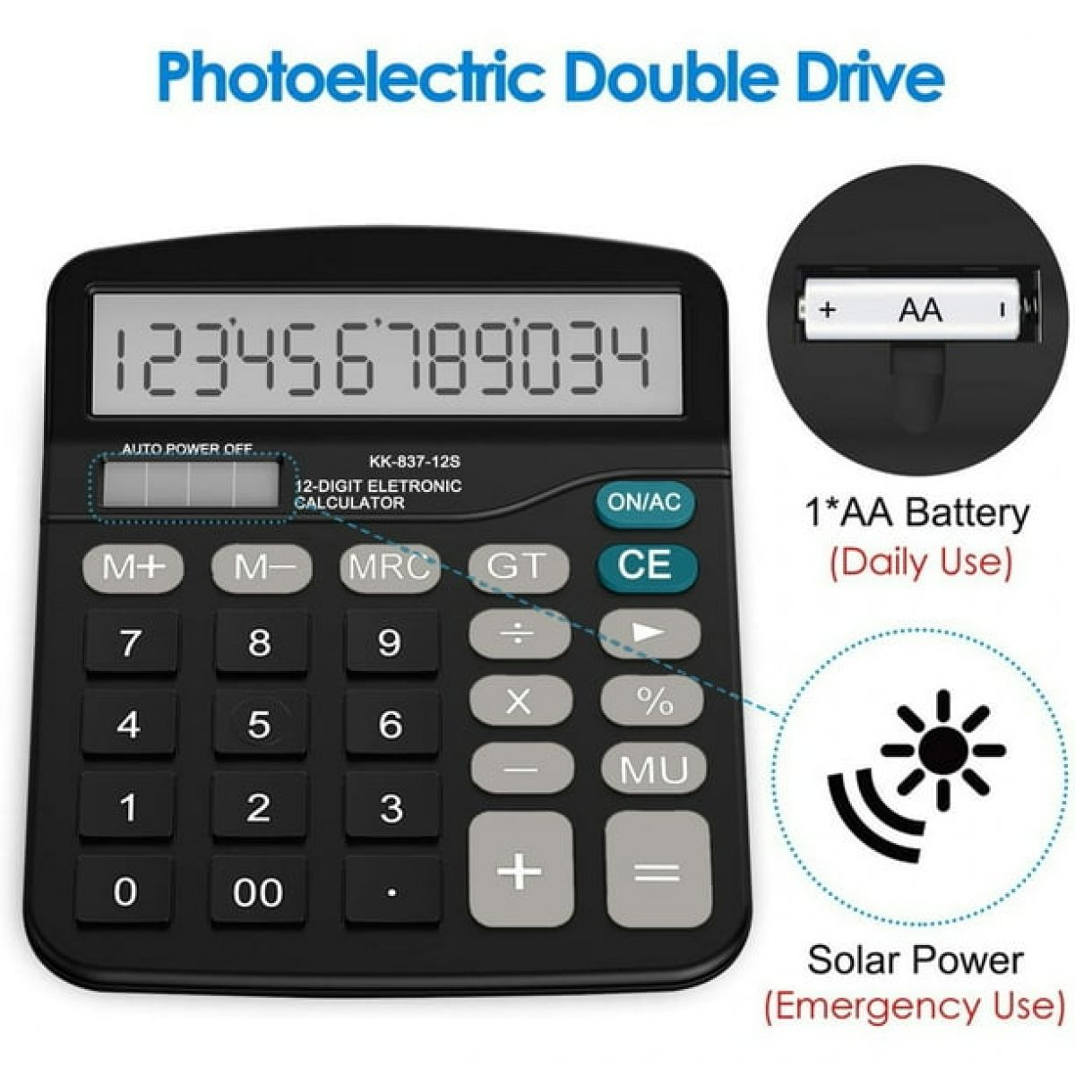 Schwarzer Taschenrechner mit großem Display, das Zahlen anzeigt. Merkmale umfassen AA-Batterie- und Solarstromoptionen.