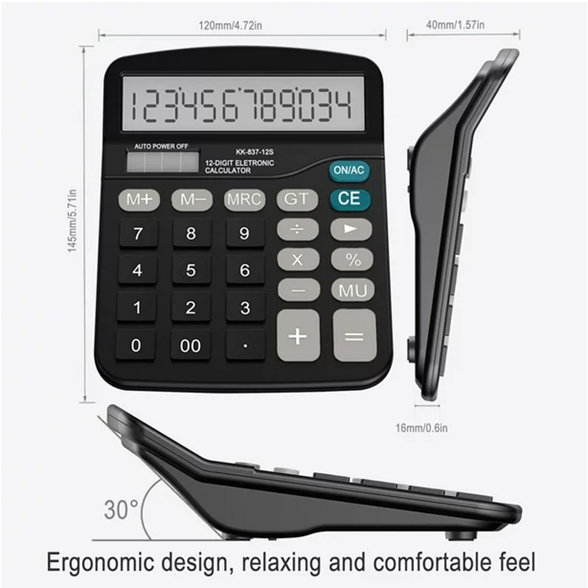 Schwarzer Rechner mit weißen Zahlen und Tasten, Maße beschriftet. Seitenansicht zeigt abgewinkeltes Design mit Text 'Ergonomisches Design'.