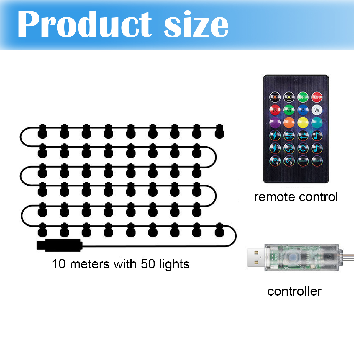 Diagramm von 50 Lichtern auf einer 10-Meter-Schnur, Fernbedienung und einem Controller. Text: Produktgröße.