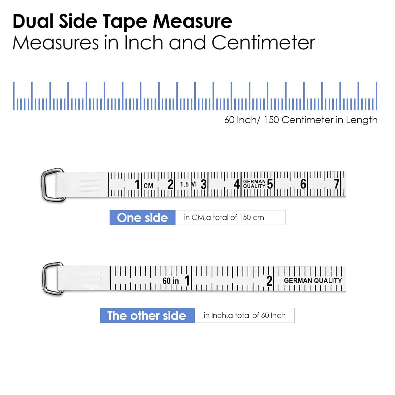 Ein doppelseitiges Maßband mit Zoll und Zentimetern. Eine Seite misst in cm, die andere in Zoll.