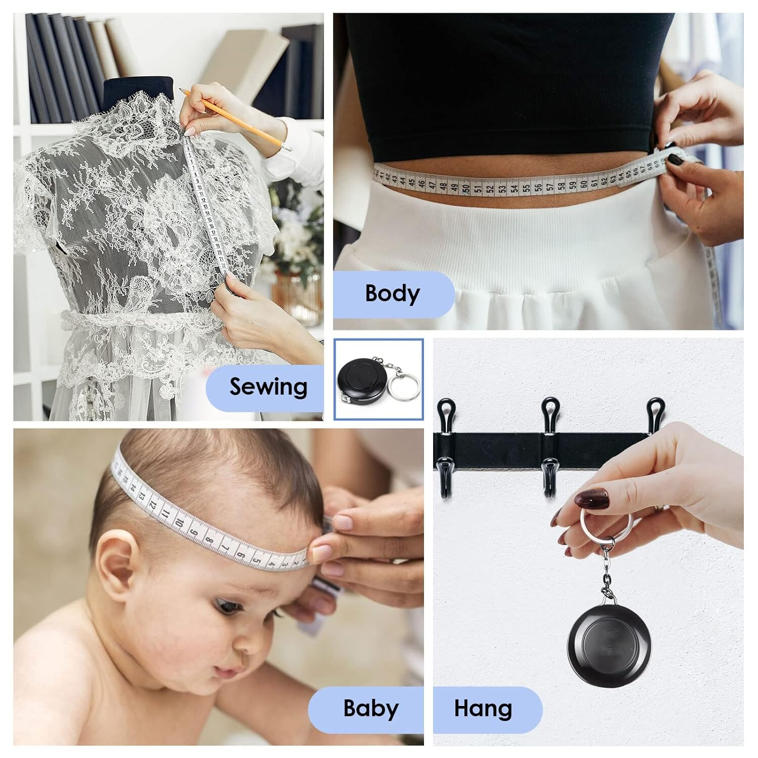 Eine Collage zeigt das Nähen eines Kleides, das Messen einer Taille, das Messen des Kopfes eines Babys und einen Schlüsselring an einem Haken.