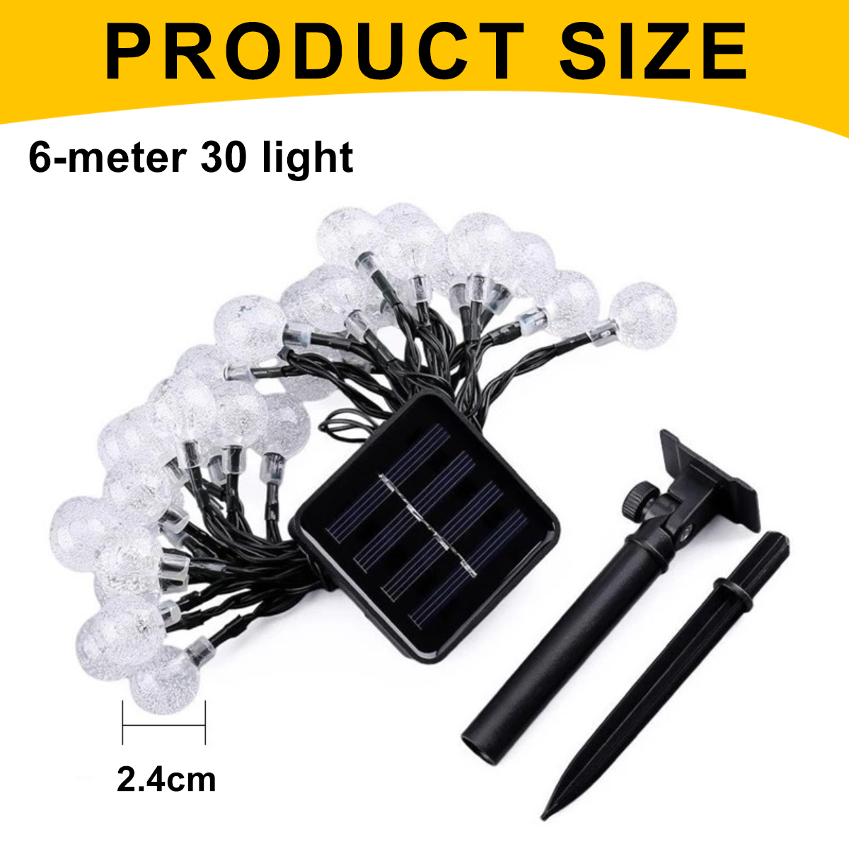 Solar-Lichterkette mit transparenten Kugelleuchten. Inklusive Solarpanel, Erdspieß und Stange. Produktgröße-Text im Hintergrund.