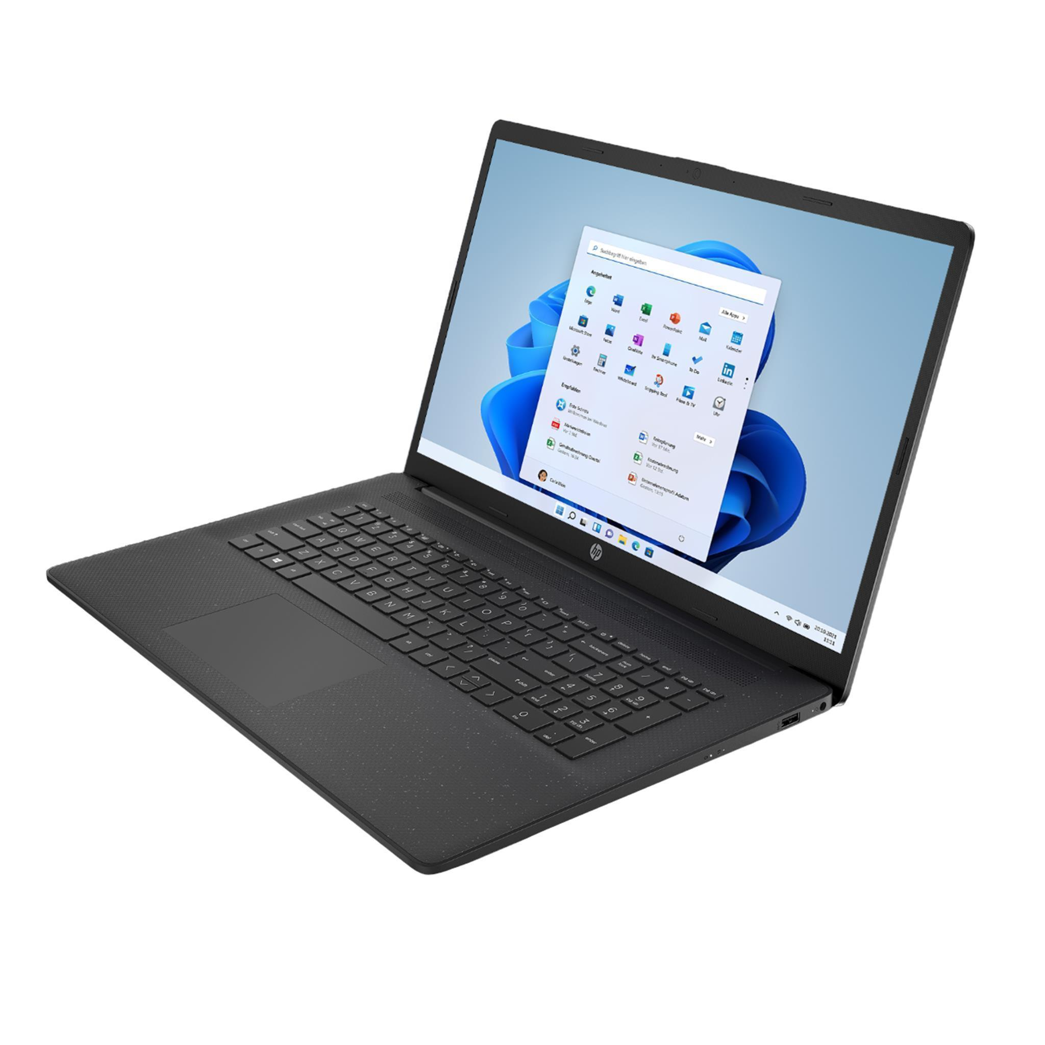 Ein schwarzes HP-Laptop ist angewinkelt geöffnet und zeigt den Windows 11 Desktop. Die Tastatur ist sichtbar, mit Symbolen auf dem Bildschirm.