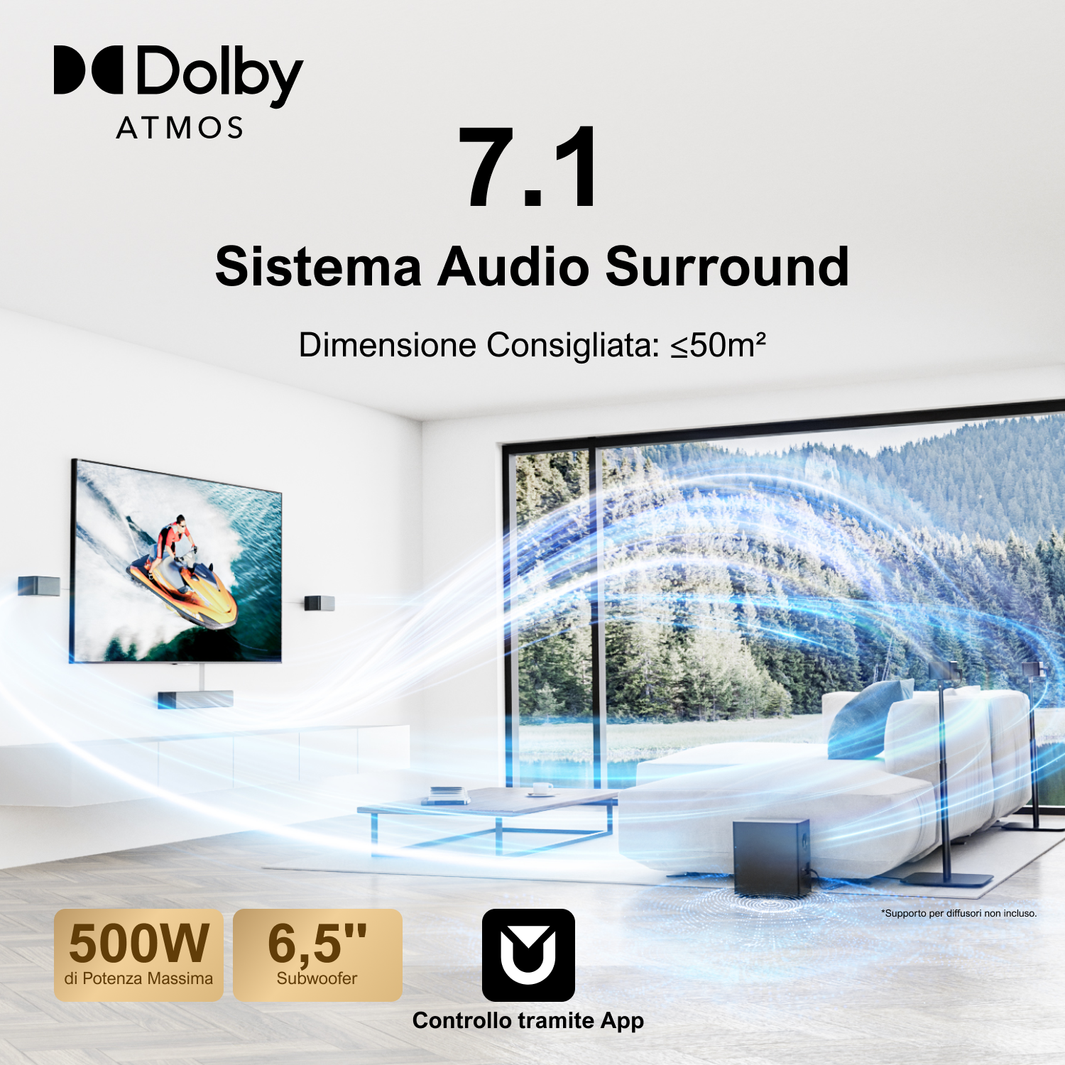 Soggiorno con TV con jet ski, divano bianco e sistema audio surround 7.1, con controllo tramite app.