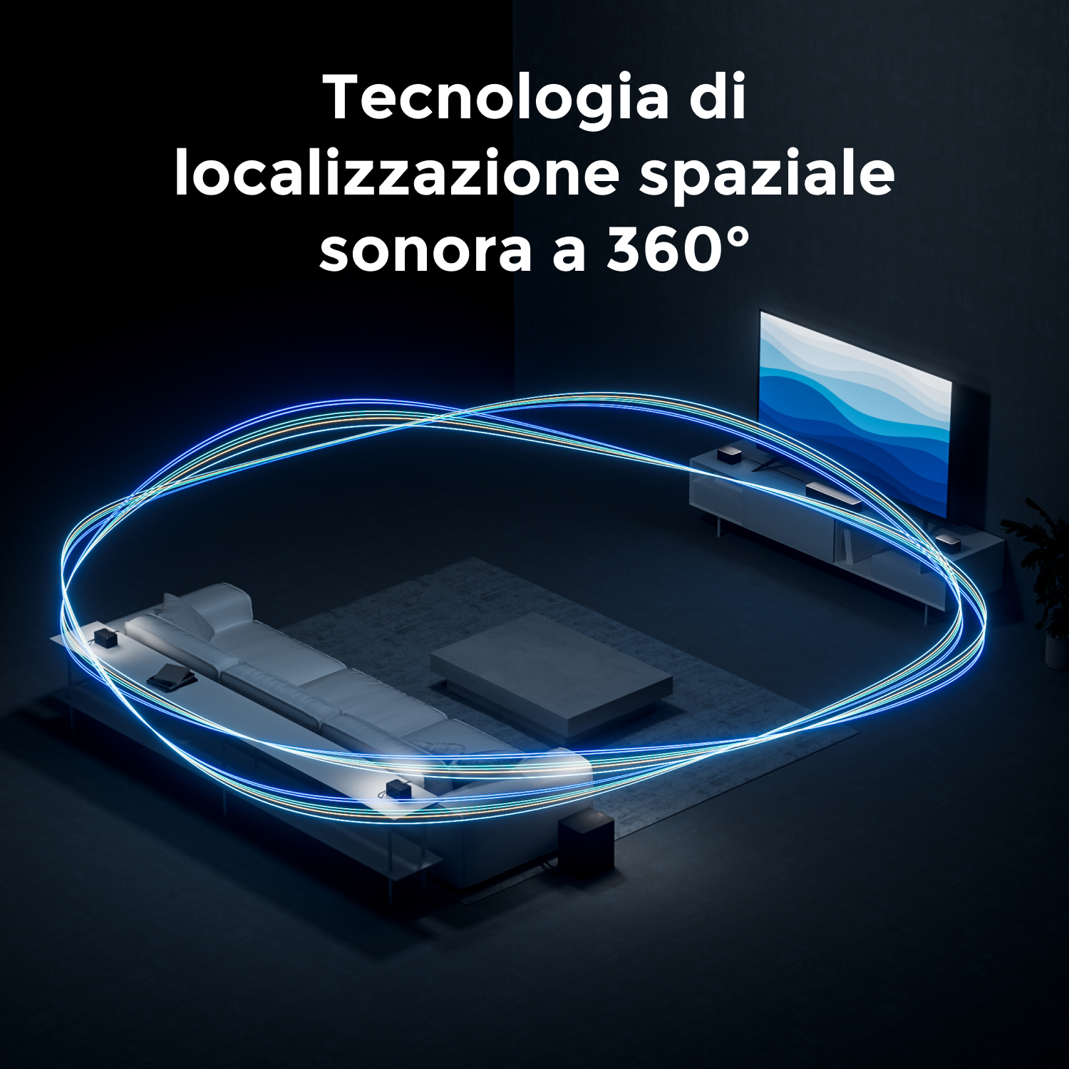 Un salotto con divano bianco, TV con design a onde e grafica di localizzazione spaziale del suono a 360°.