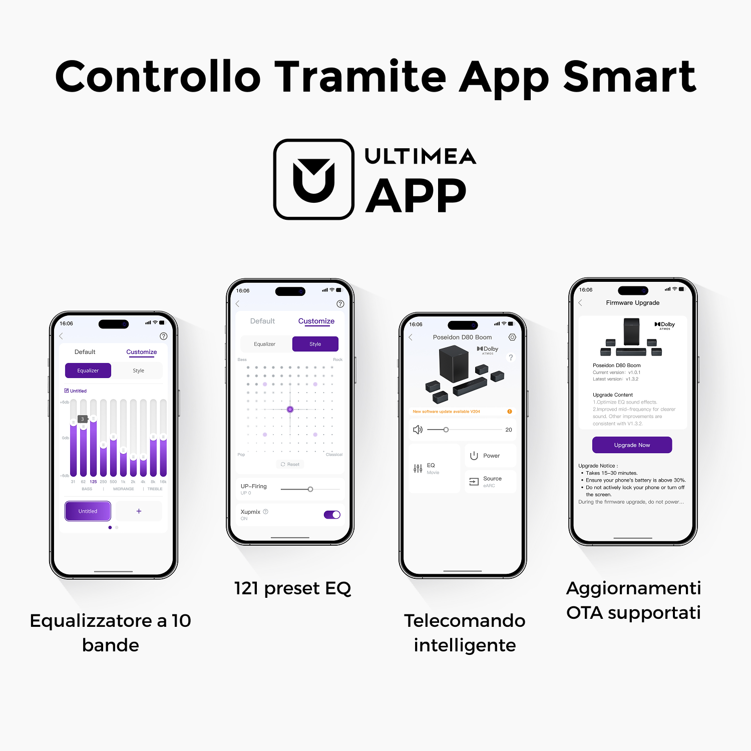 Screenshot dell'interfaccia di un'app per smartphone per il controllo audio, che mostra le impostazioni dell'equalizzatore e gli aggiornamenti del firmware.