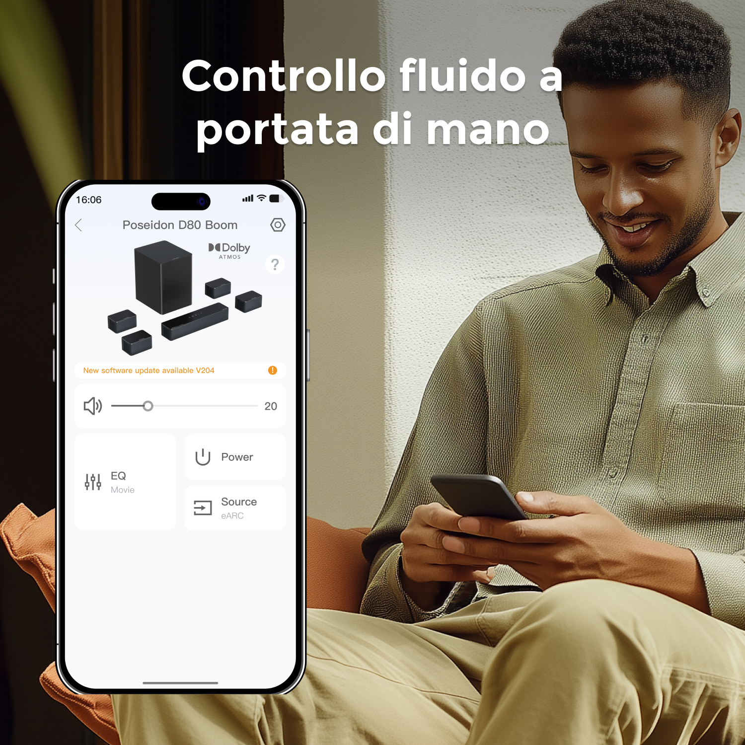 Uomo usa telefono per controllare sistema audio. Il telefono mostra interfaccia app con controlli volume e alimentazione.