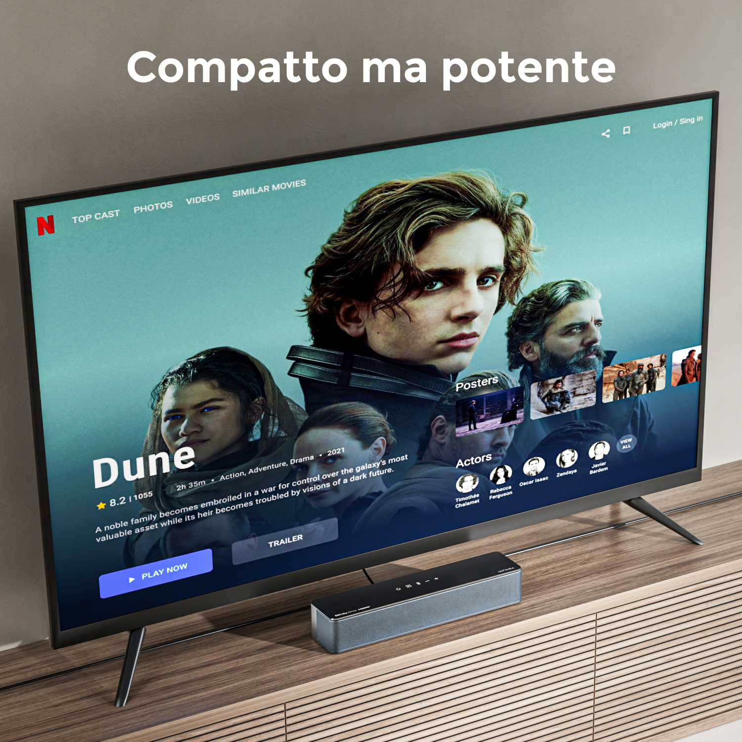 Un televisore mostra il film 'Dune' su Netflix, con attori. Una soundbar è sotto lo schermo.