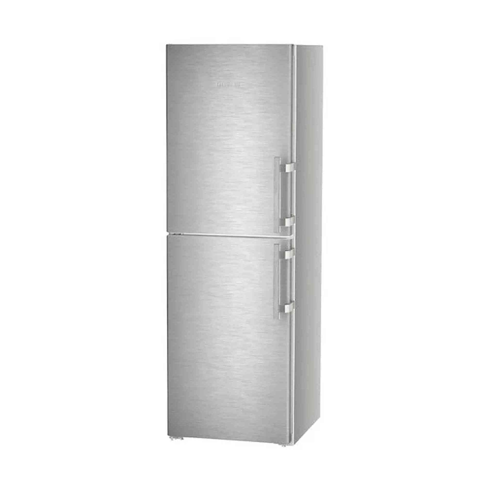 A silver, two-door refrigerator stands upright. It has handles and is in a neutral setting. The fridge is closed.