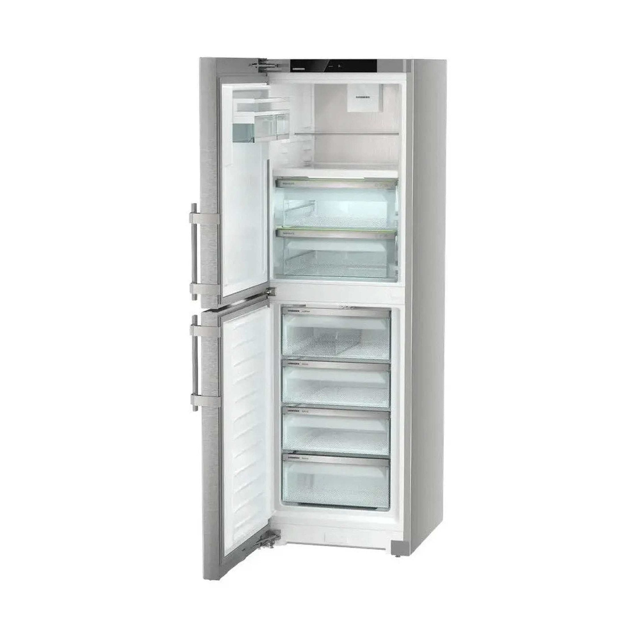 A silver refrigerator with open doors, revealing shelves and drawers. The interior is white and the doors are stainless steel.