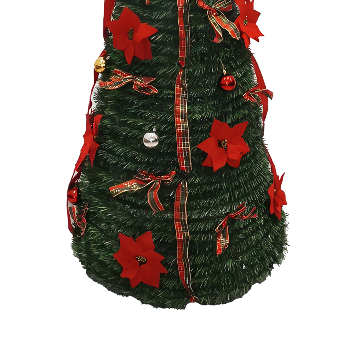 Un árbol de Navidad artificial verde decorado con cintas rojas, flores de Pascua y adornos sobre un fondo blanco.