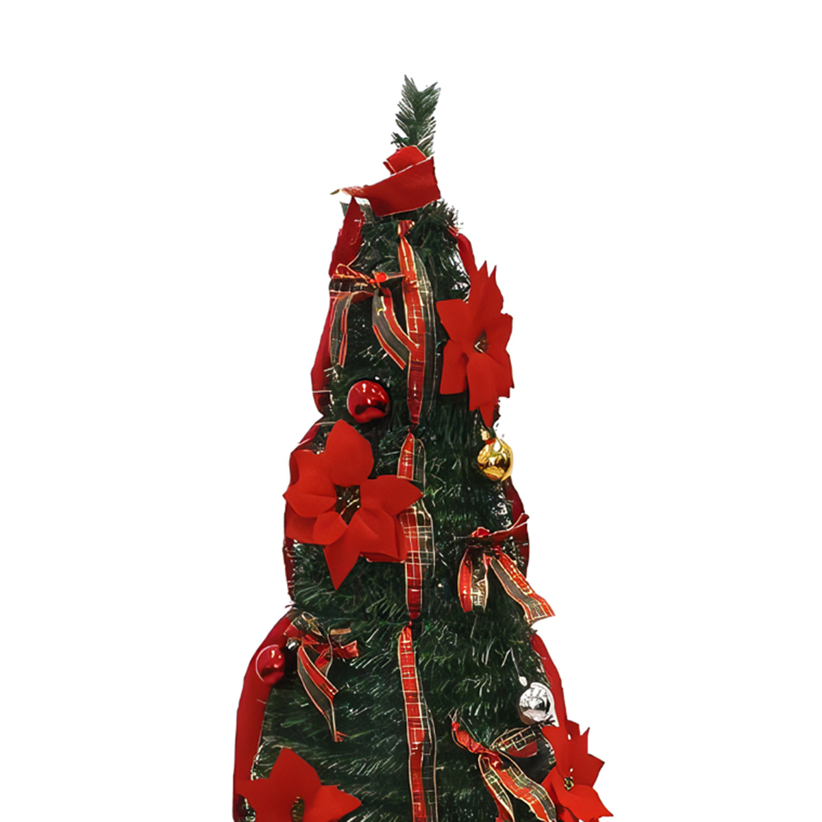 Un árbol de Navidad decorado con lazos, adornos y cintas rojas. Se alza sobre un fondo blanco.