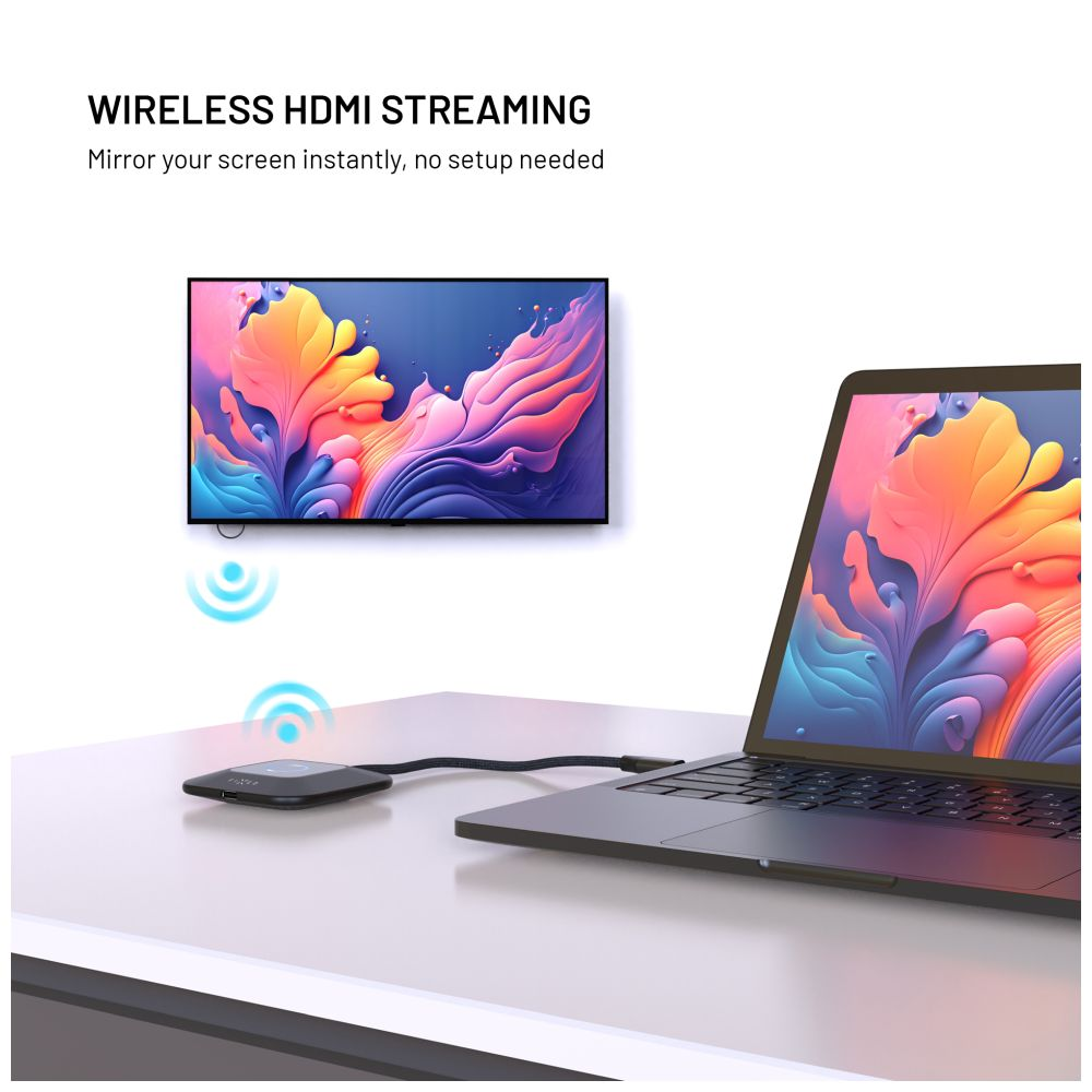Laptop, Fernseher und Streaming-Gerät auf einem Tisch. Fernseher und Laptop zeigen farbenfrohe Kunst. Drahtlose Signal-Symbole sind vorhanden.