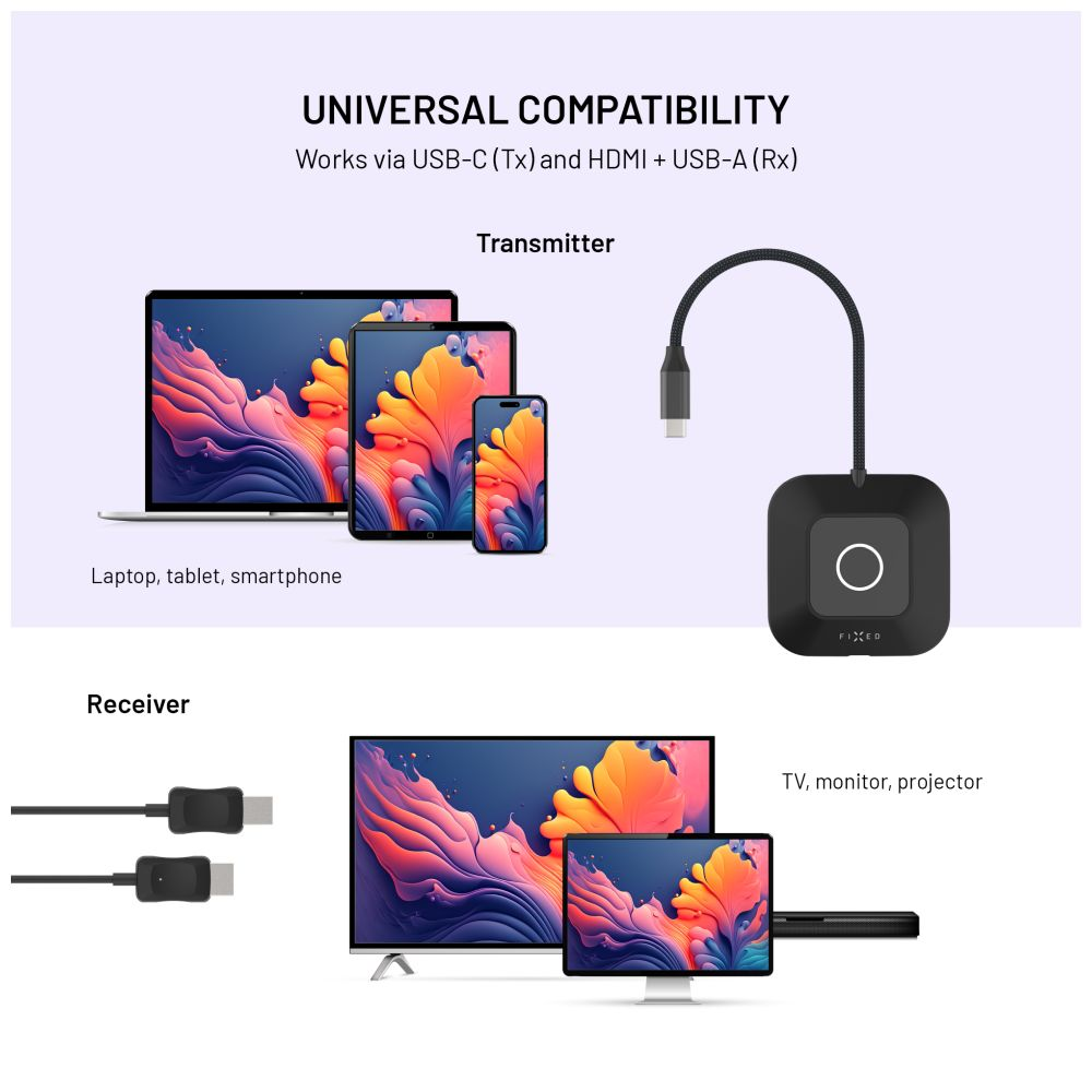 Das Bild zeigt universelle Kompatibilität. Geräte wie Laptops, Tablets und Smartphones verbinden sich mit einem Fernseher oder Monitor.