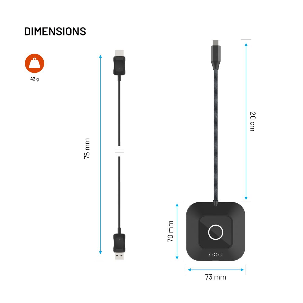 Ein schwarzes Gerät mit Abmessungen. Ein Kabel ist mit einer quadratischen Basis mit einem Kreis und einem USB-C-Anschluss verbunden.