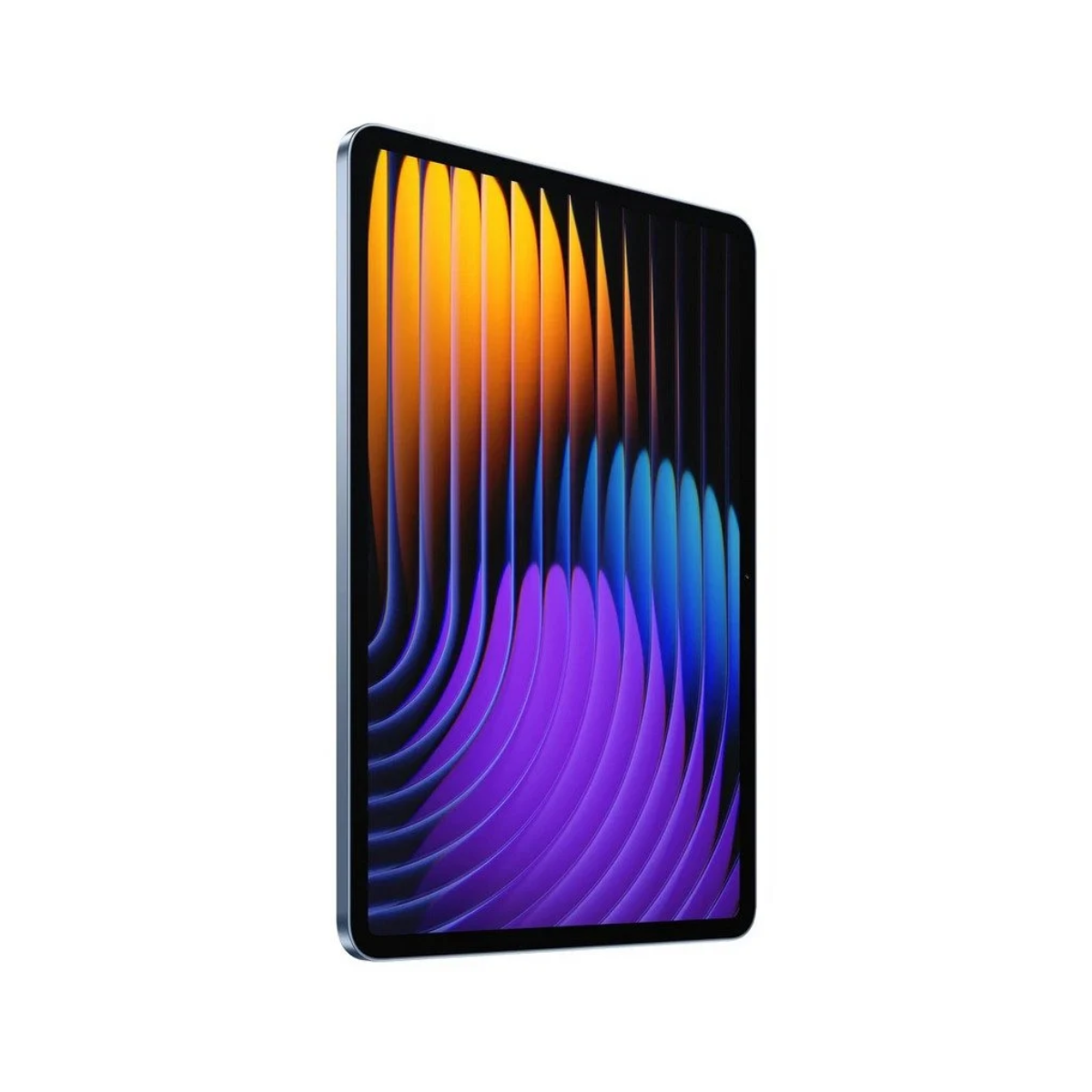 Un tablet con uno sfondo astratto colorato. Lo sfondo passa dall'arancione al viola e al blu. Il tablet è argentato.