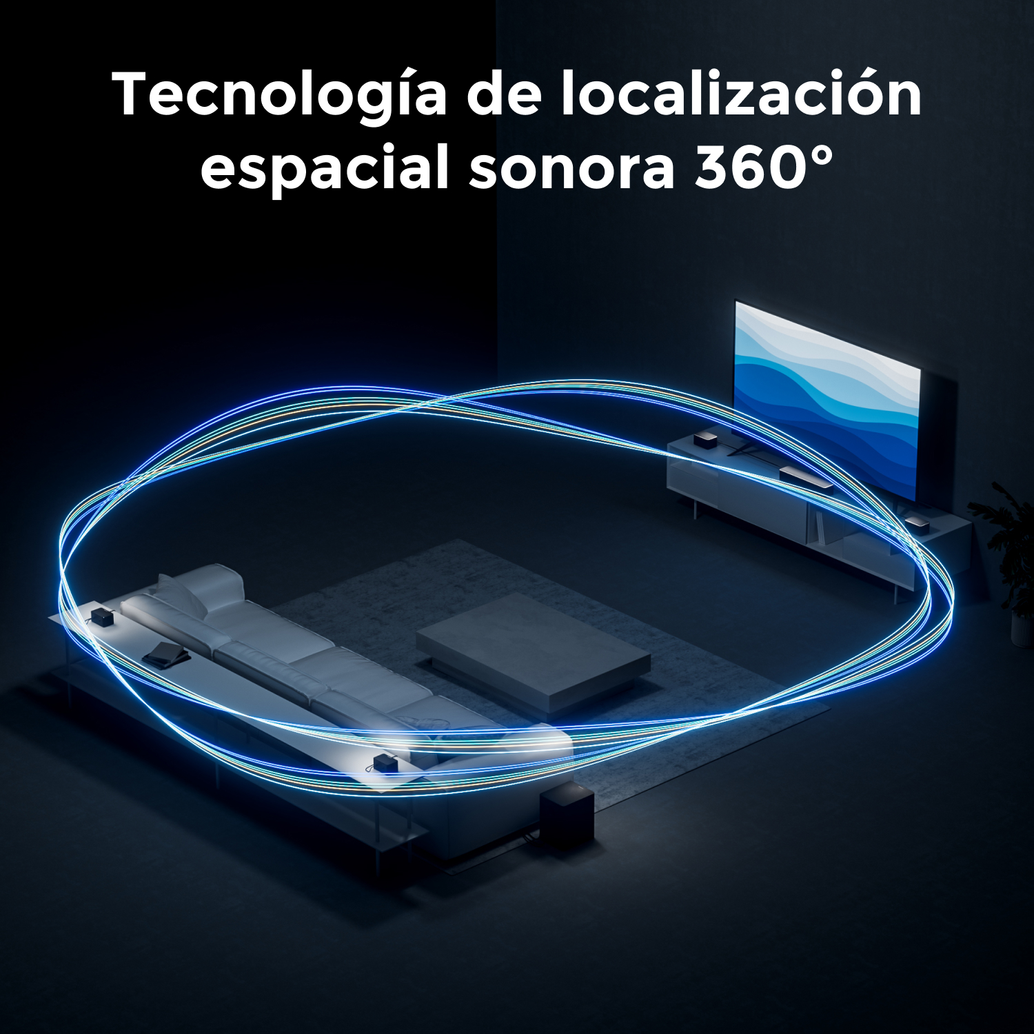Un salón con sofá, televisor y mesa de centro. Estelas de luz azul y verde rodean el sofá. El texto en la parte superior dice 'Tecnología...'