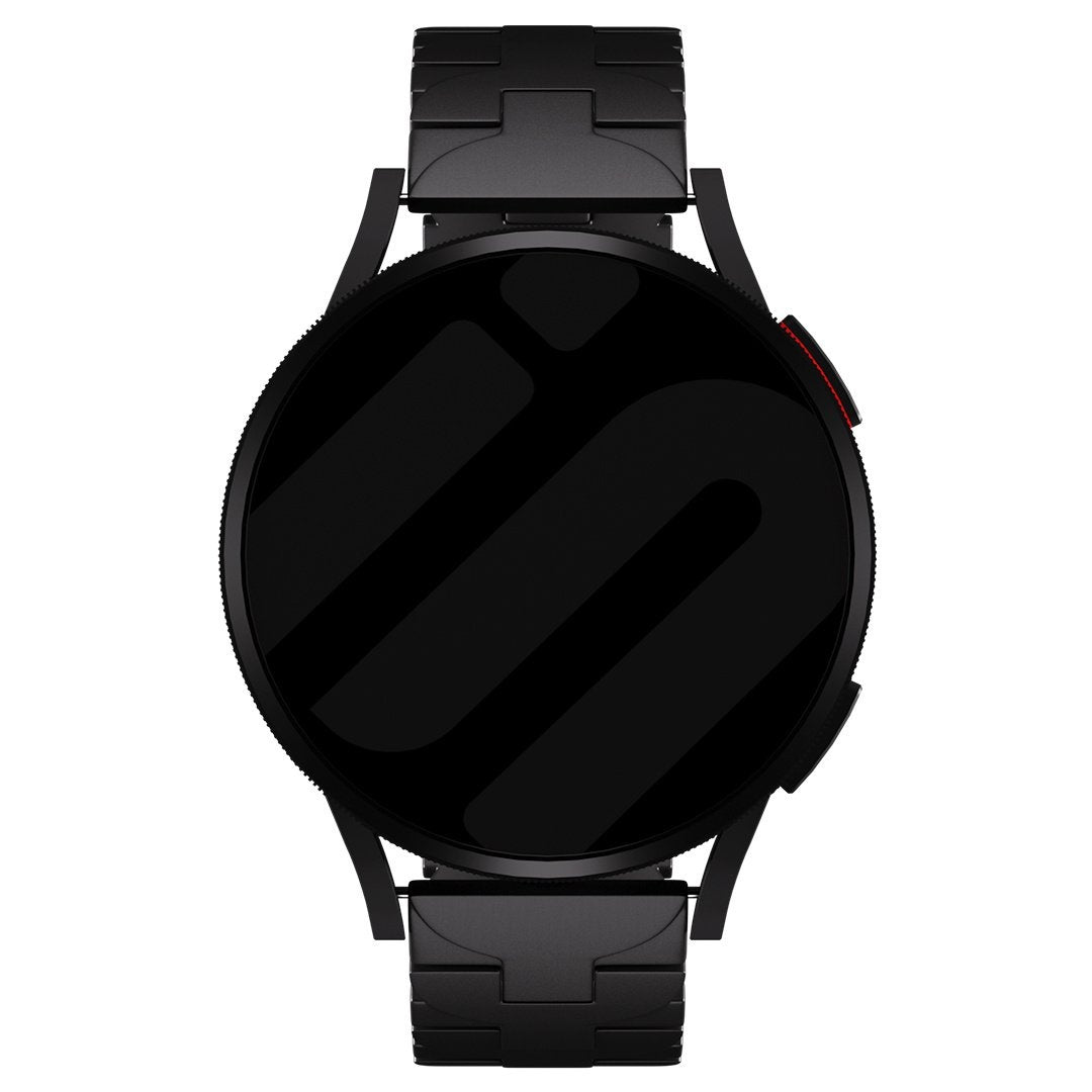 Eine schwarze Smartwatch mit schwarzem Armband wird angezeigt. Das Zifferblatt ist kreisförmig und hat einen Bildschirm. Das Band ist aus Metall.